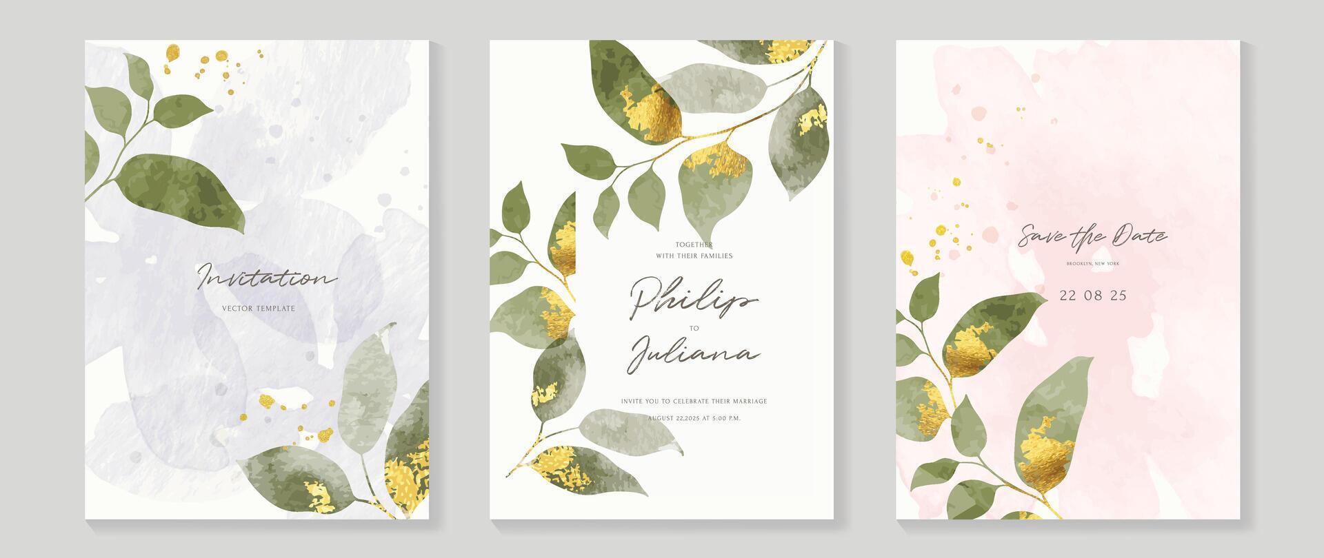 Luxury wedding invitation card template vector. Watercolor card with foliage, leaves branch gold texture on white background. Elegant spring botanical design suitable for banner, cover, invitation. vector