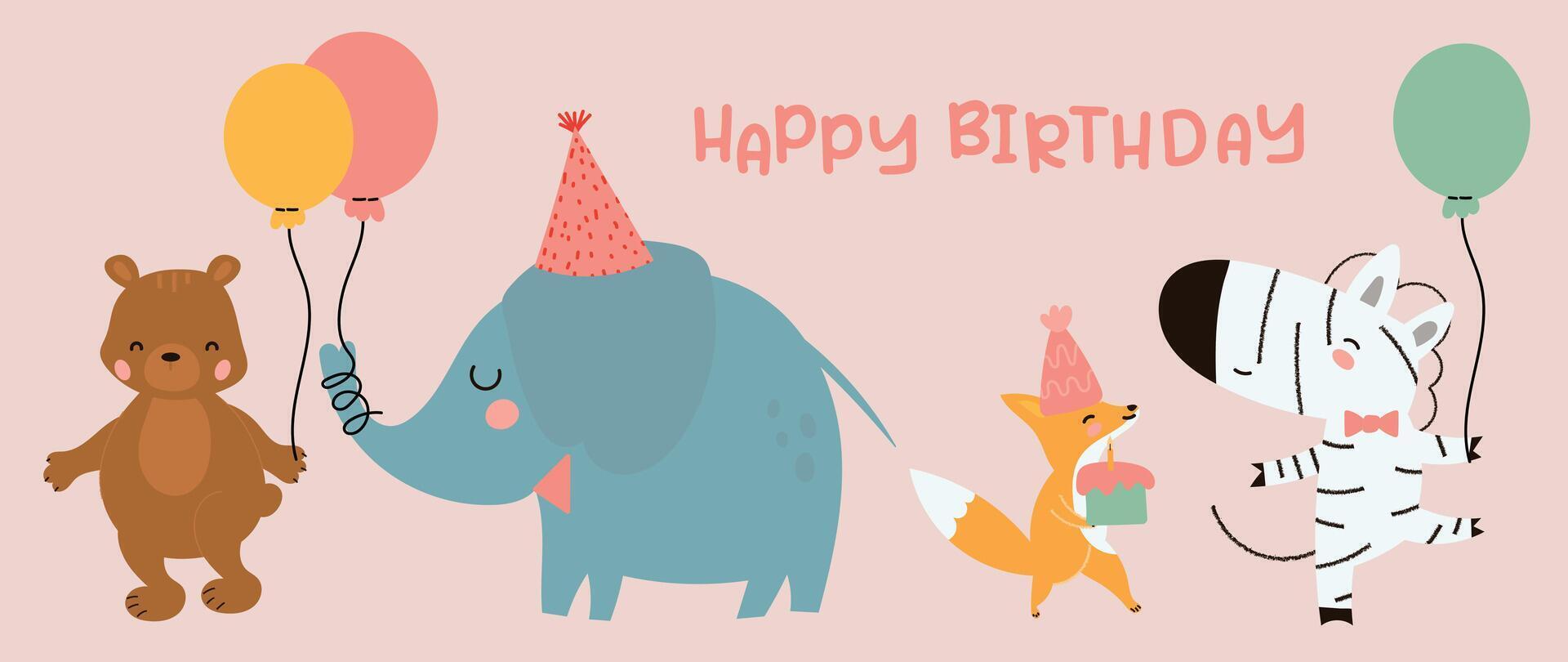 Happy birthday concept animal vector set. Collection of adorable wildlife, bear, elephant, fox, zebra. Birthday party funny animal character illustration for greeting card, kids, education.