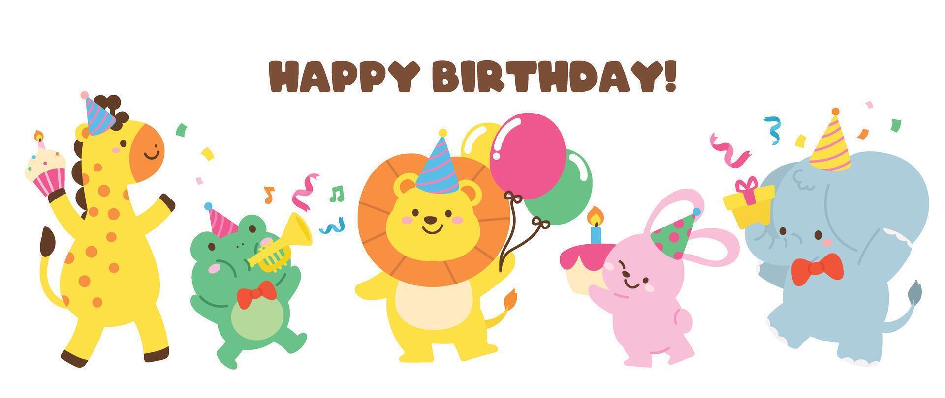 Happy birthday concept animal vector set. Collection of adorable wildlife, giraffe, frog, lion, rabbit, elephant. Birthday party funny animal character illustration for greeting card, kids, education.