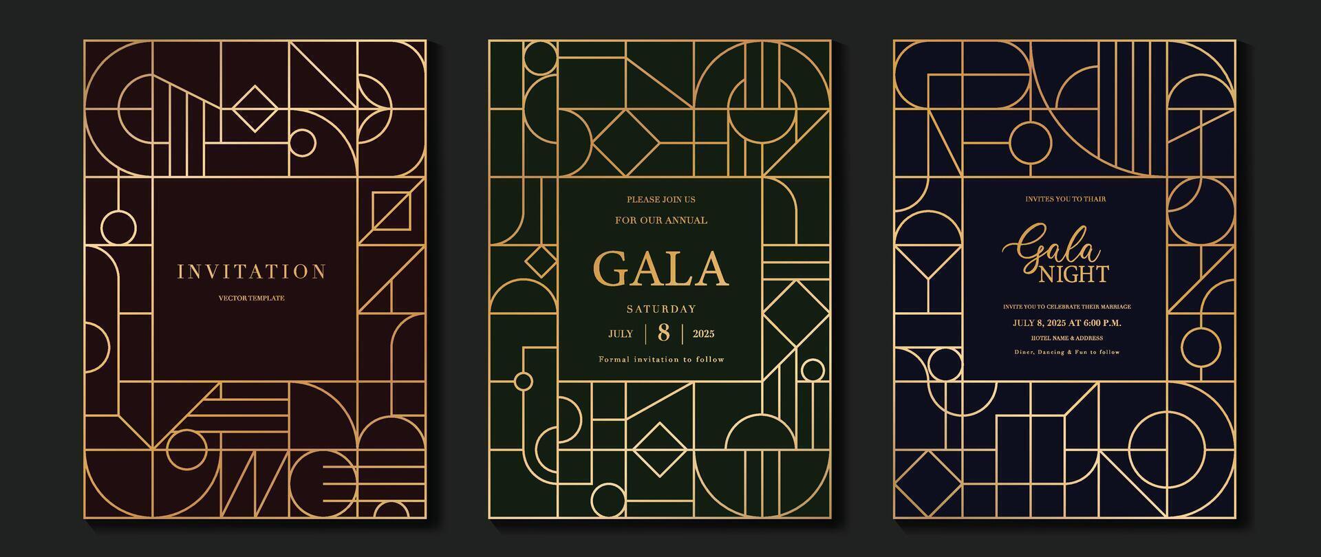 Luxury invitation card background vector. Elegant classic antique design, gold lines gradient on dark blue, green, brown background. Premium design illustration for gala card, grand opening, art deco. vector