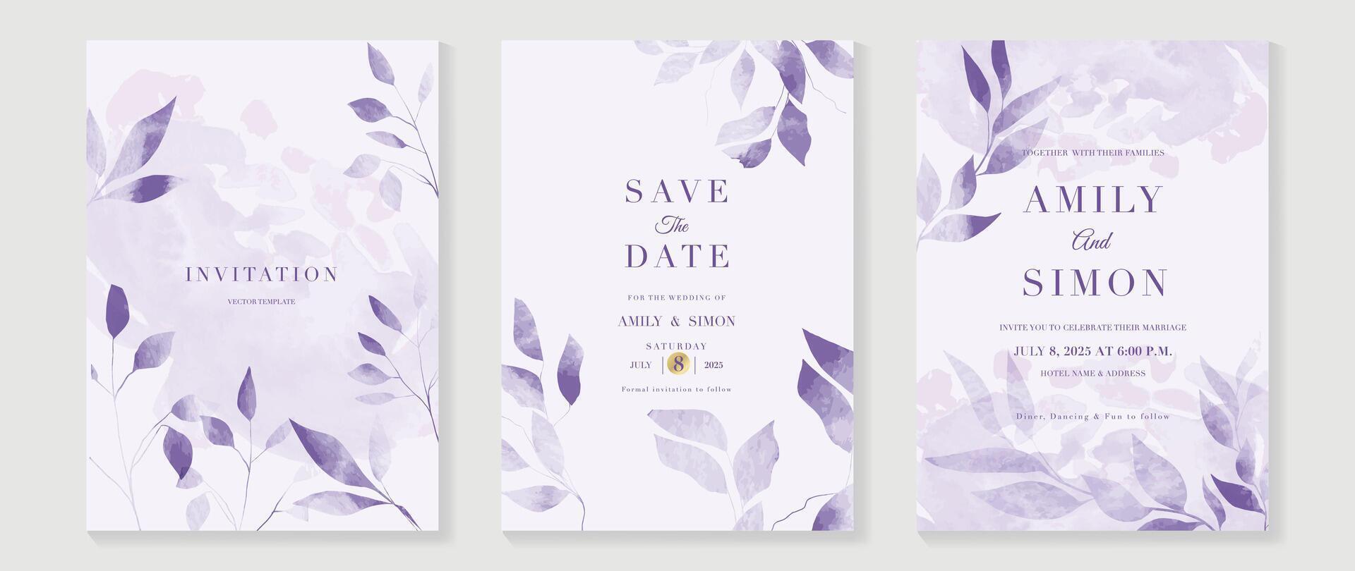 lujo Boda invitación tarjeta modelo vector. acuarela tarjeta con follaje, hojas rama en púrpura antecedentes. elegante primavera botánico diseño adecuado para bandera, cubrir, invitación. vector