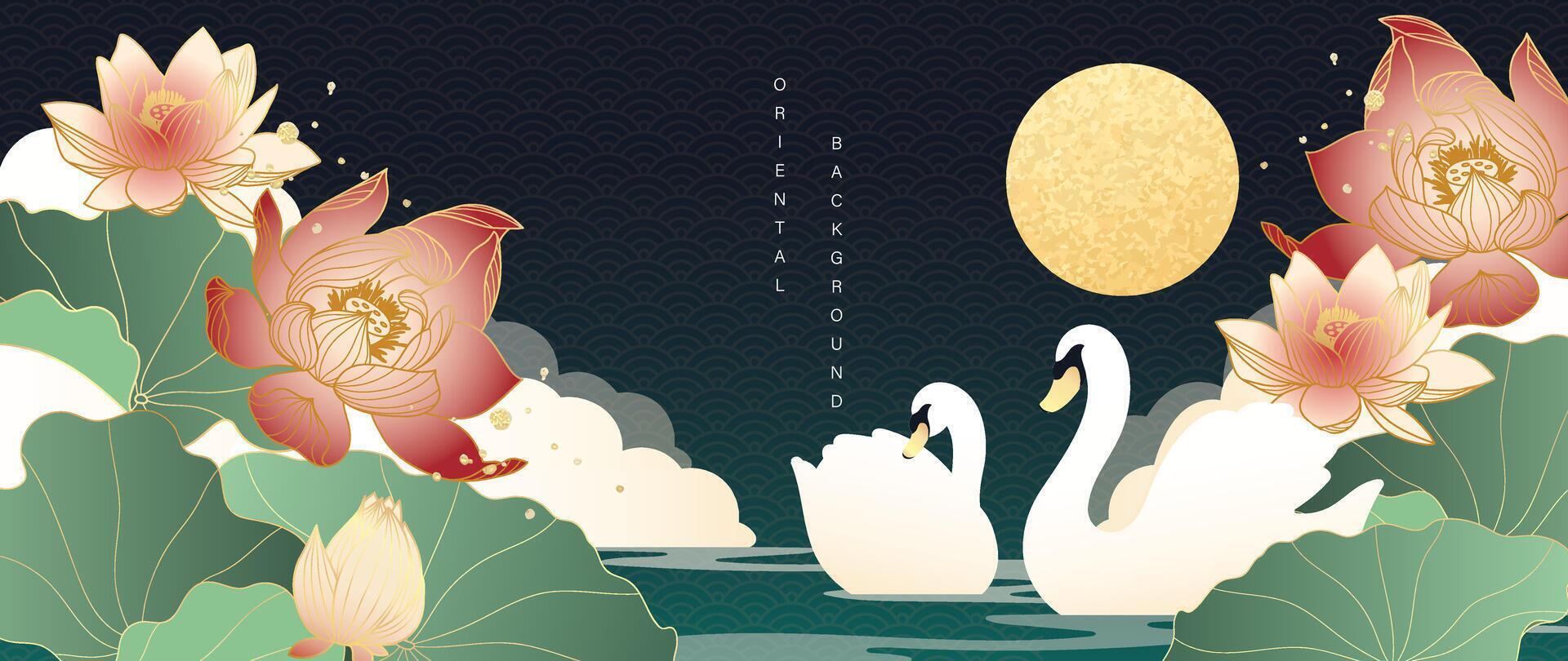 Luxury gold oriental style background vector. Chinese and Japanese wallpaper pattern design of elegant swan bird, lotus flower with gold line texture. Design illustration for decoration, wall decor. vector