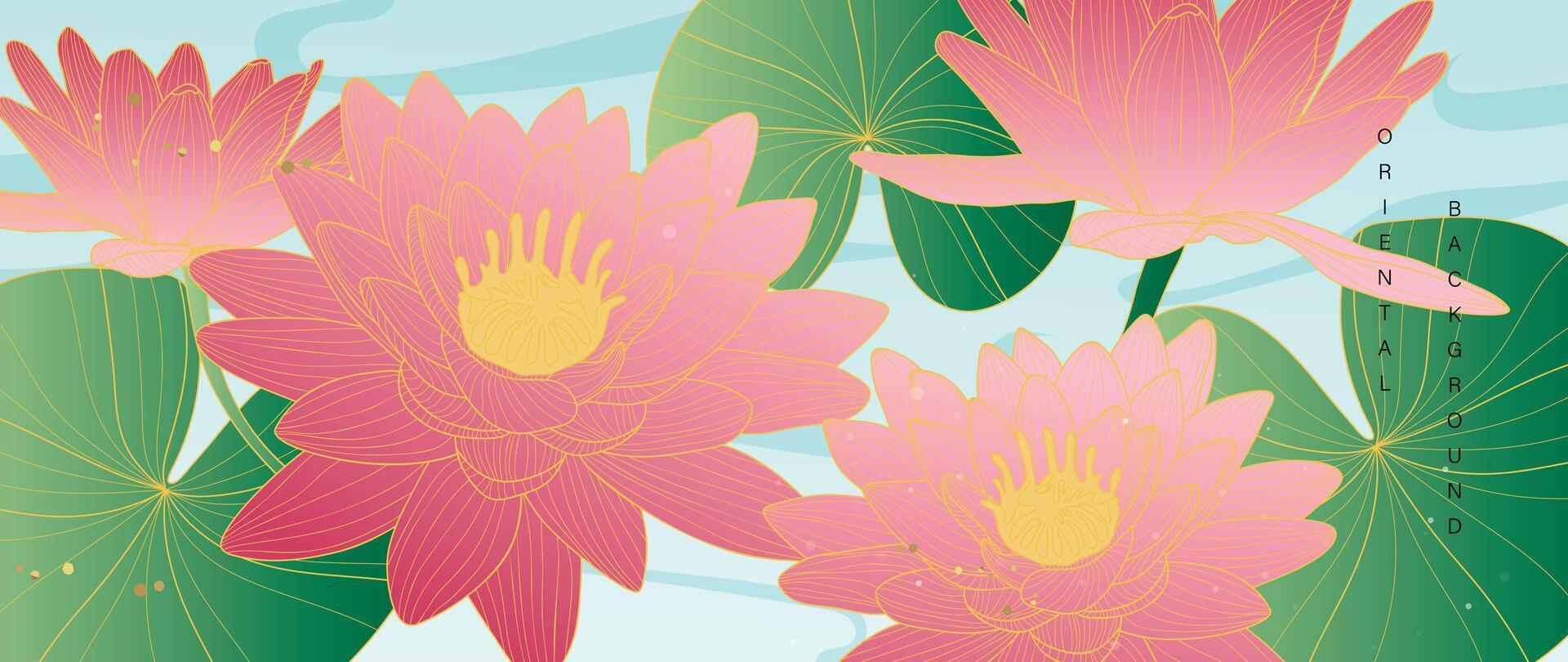 Luxury gold oriental style background vector. Chinese and Japanese wallpaper pattern design of elegant lotus flower and river with gold line texture. Design illustration for decoration, wall decor. vector