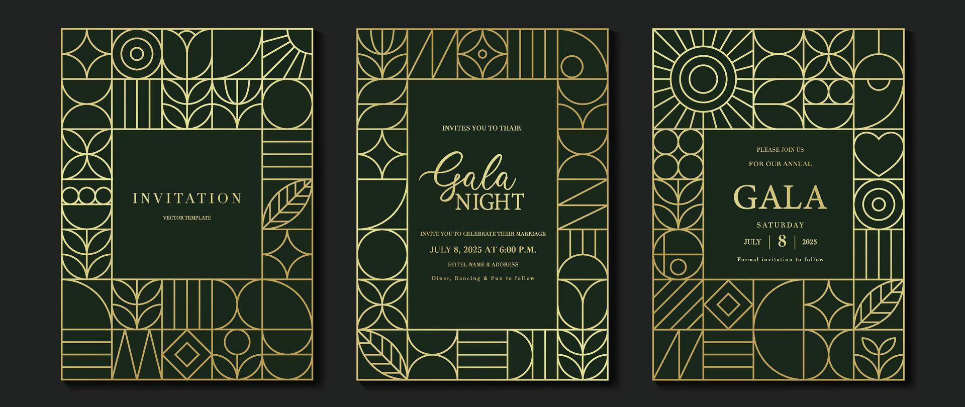 Luxury invitation card background vector. Elegant classic antique design, gold lines gradient on dark green background. Premium design illustration for gala card, grand opening, art deco. vector