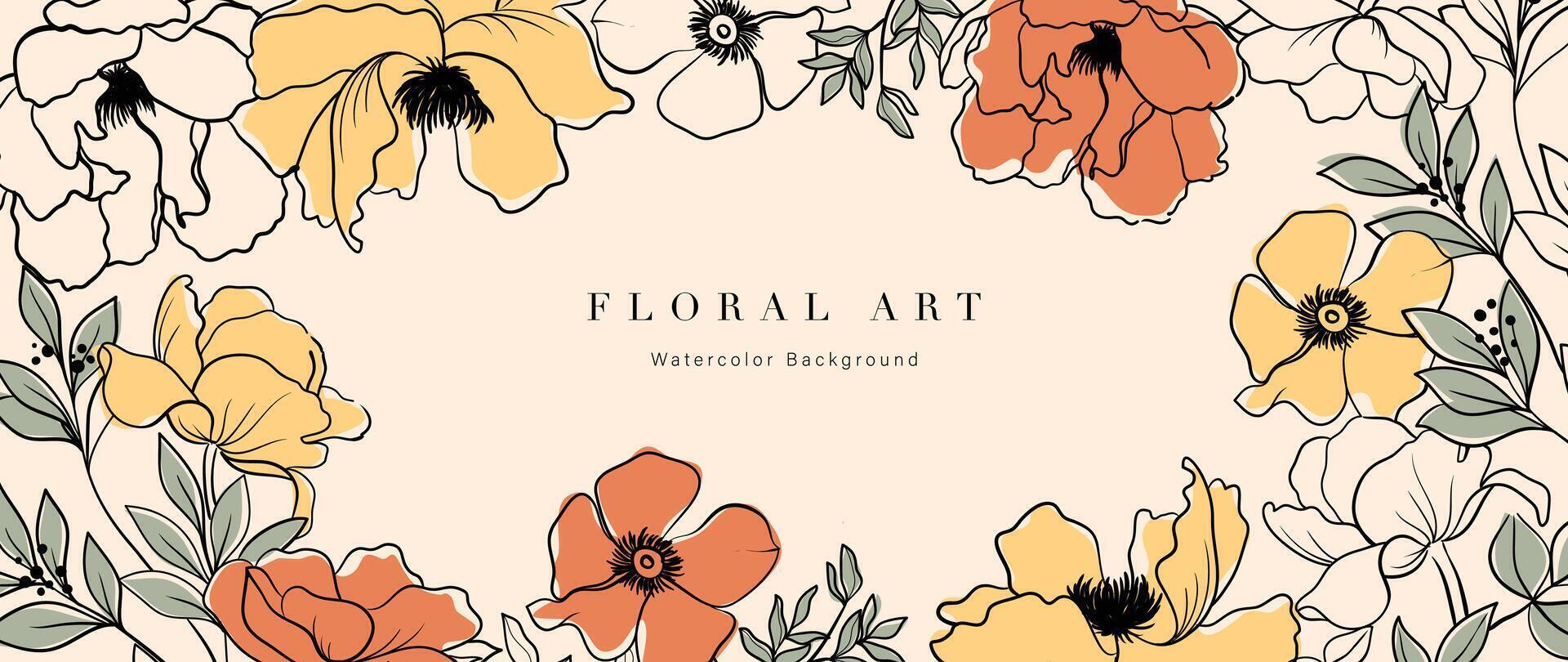 Abstract floral art background vector. Botanical hand drawn flower, poppy, peony, foliage line art. Design illustration for wallpaper, banner, print, poster, cover, greeting, invitation, package. vector