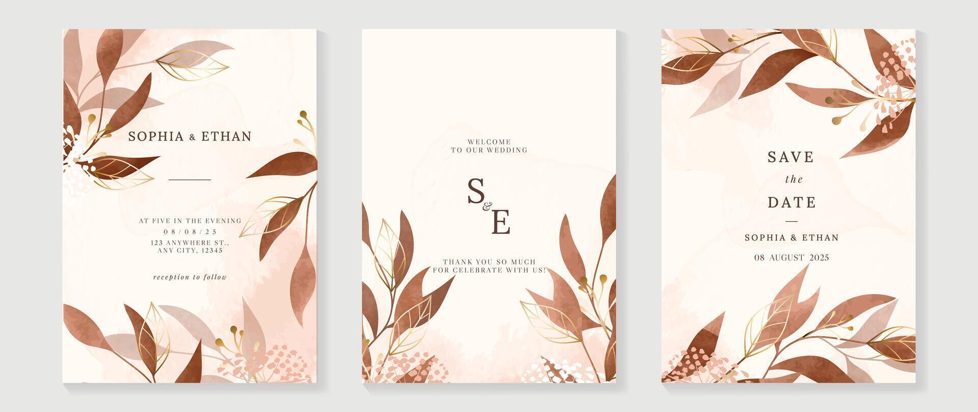 Luxury fall wedding invitation card template vector. Watercolor card with flower, foliage, gold line art on brown background. Elegant autumn botanical design suitable for banner, cover, invitation. vector