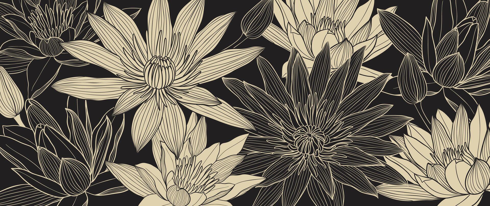 Luxury golden lotus flower line art background vector. Natural botanical elegant flower with gold line art. Design illustration for decoration, wall decor, wallpaper, cover, banner, poster, card. vector