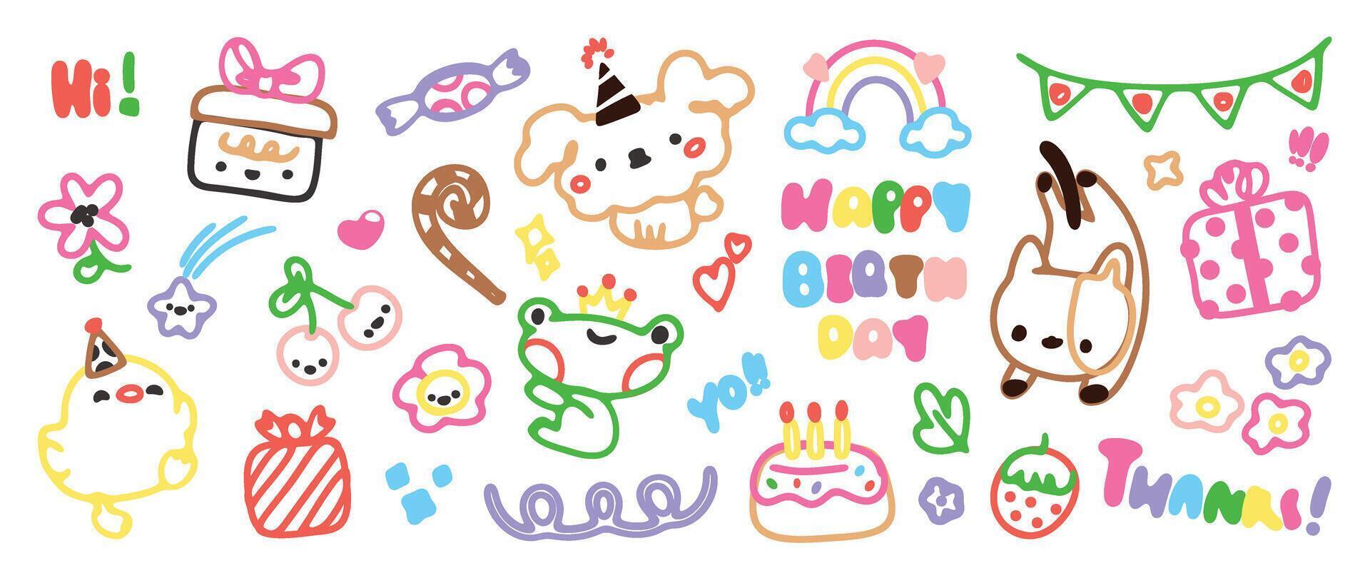 Cute hand drawn Happy birthday doodle vector set. Colorful collection of dog, frog, chick, cake, lollipop, gift, decorative flag. Adorable creative design element for decoration, prints, ads.