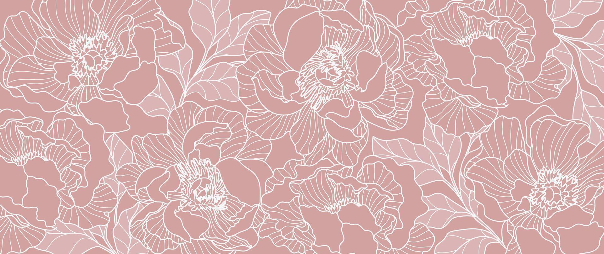 Abstract floral line art vector background. Leaf wallpaper of tropical flower, leaf branch, plants, peony in hand drawn pattern. Botanical jungle illustrated for banner, prints, decoration, fabric.