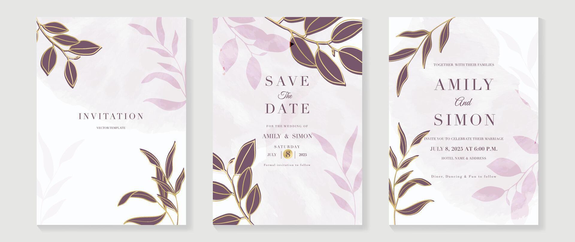 Luxury wedding invitation card template vector. Watercolor card with foliage, leaves branch gold line art on purple background. Elegant spring botanical design suitable for banner, cover, invitation. vector