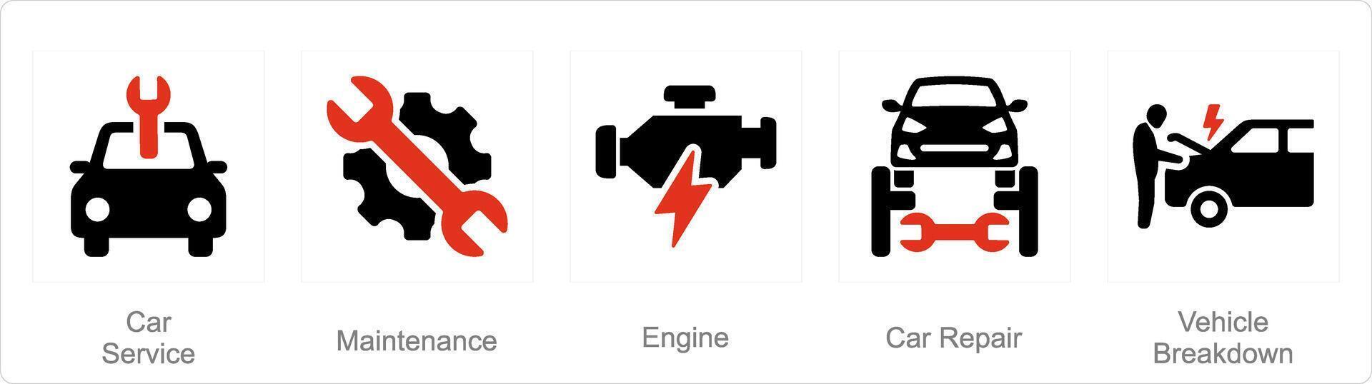 A set of 5 Car icons as car service, maintenance, engine vector