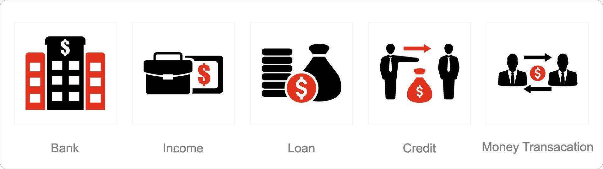 un conjunto de 5 5 contabilidad íconos como banco, ingreso, préstamo vector