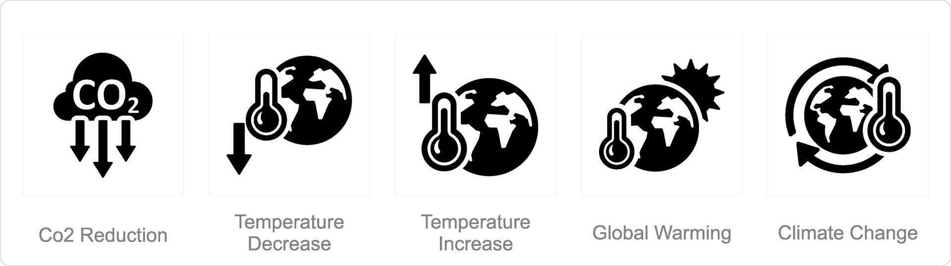 A set of 5 climate change icons as co2 reduction, temperature decrease, temperature increase vector