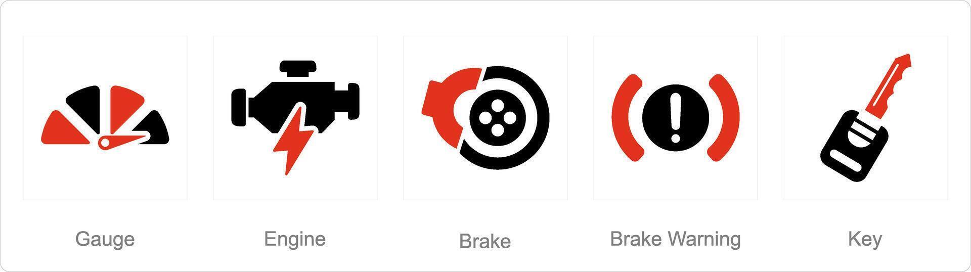 A set of 5 Car icons as gauge, engine, brake vector
