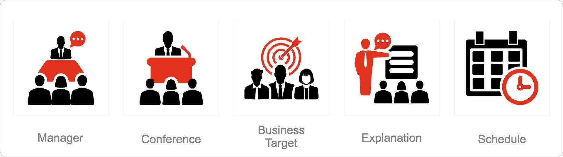 A set of 5 businesspresentation icons as manager, conference, business target vector