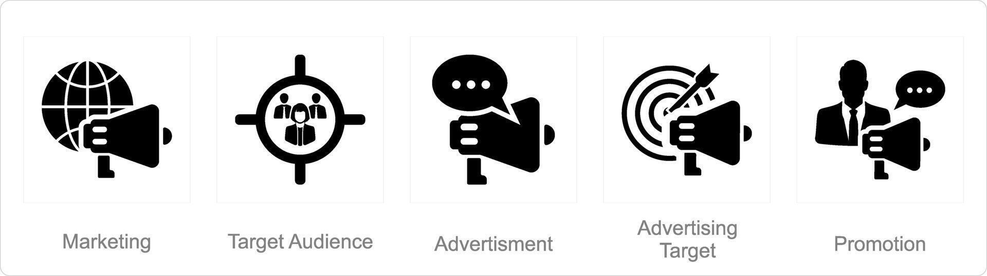 A set of 5 Branding icons as marketing, target audience, advertisement vector