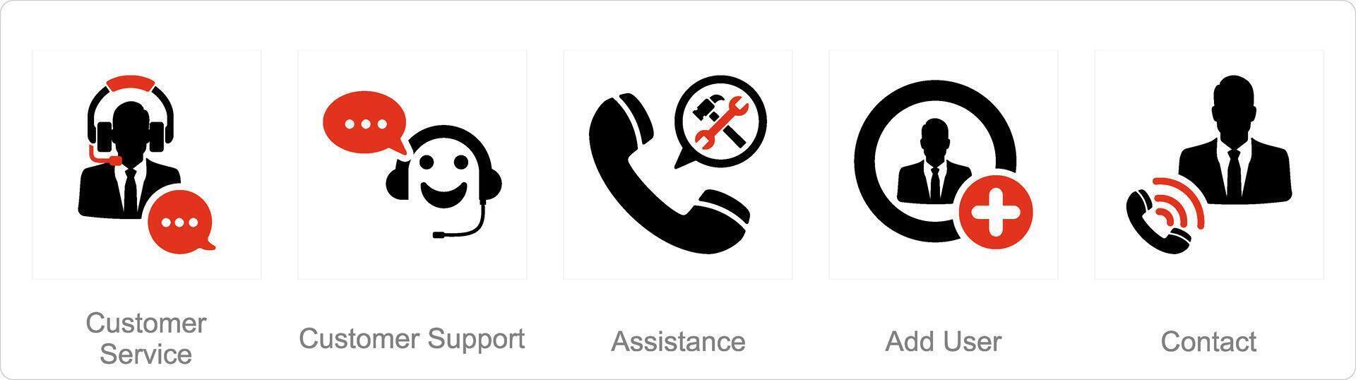 A set of 5 Contact icons as customer service, customer support, assistance vector