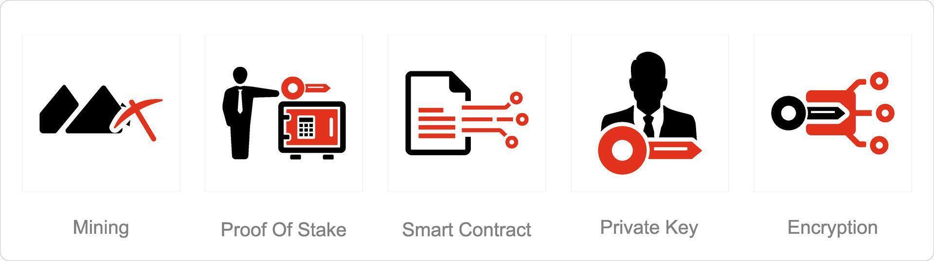 A set of 5 Blockchain icons as mining, proof of stake, smart contract vector