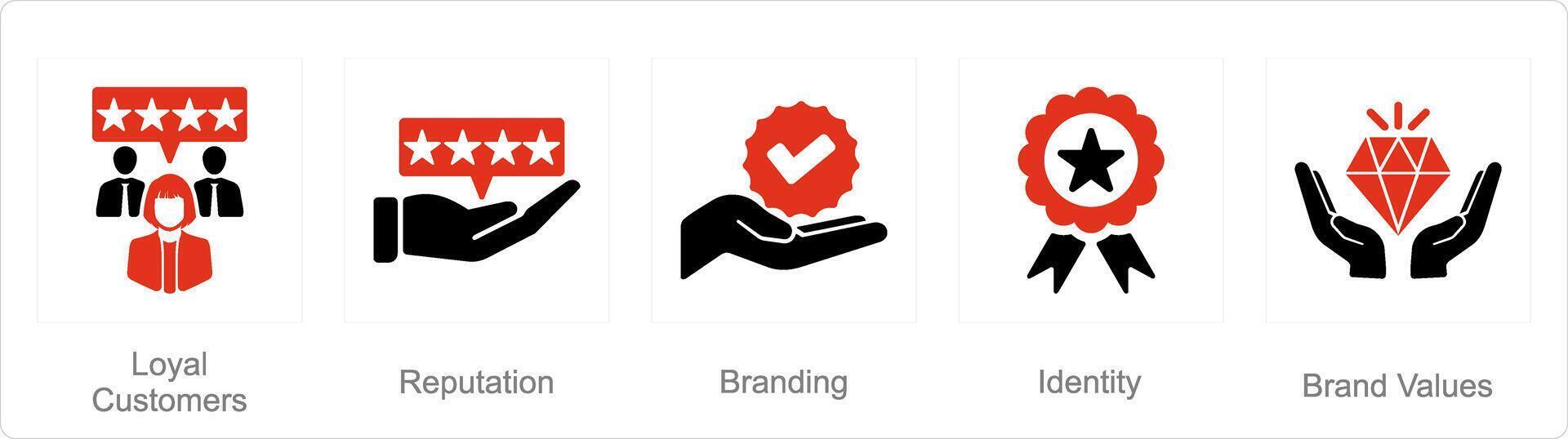 A set of 5 Branding icons as loyal customer, reputation, branding vector