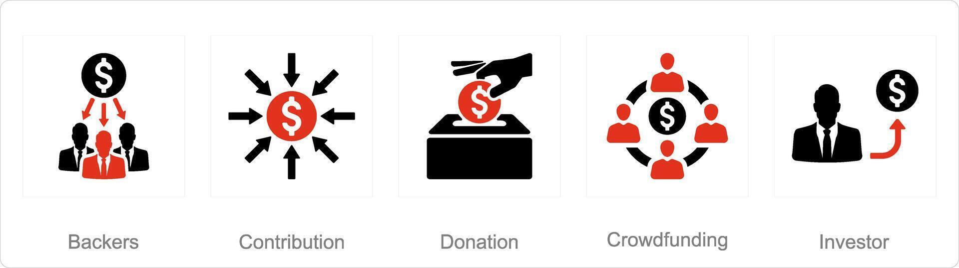 A set of 5 Crowdfunding icons as backers, contribution, donation vector