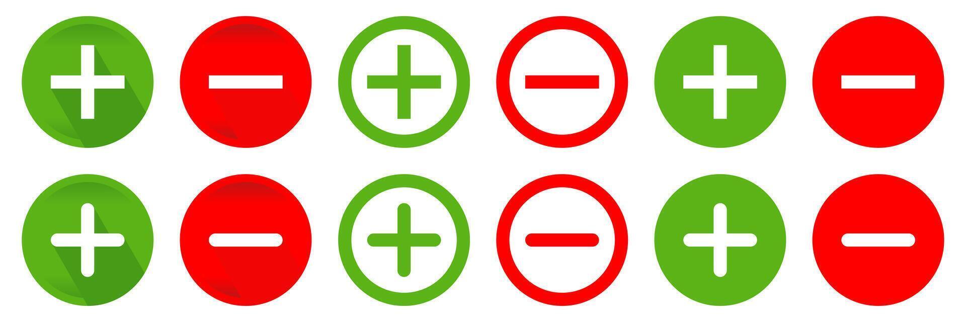 Set of Green and Red Positive and Negative Icons. Positive and Negative Buttons. Vector Isolated On White Background. Design Editable
