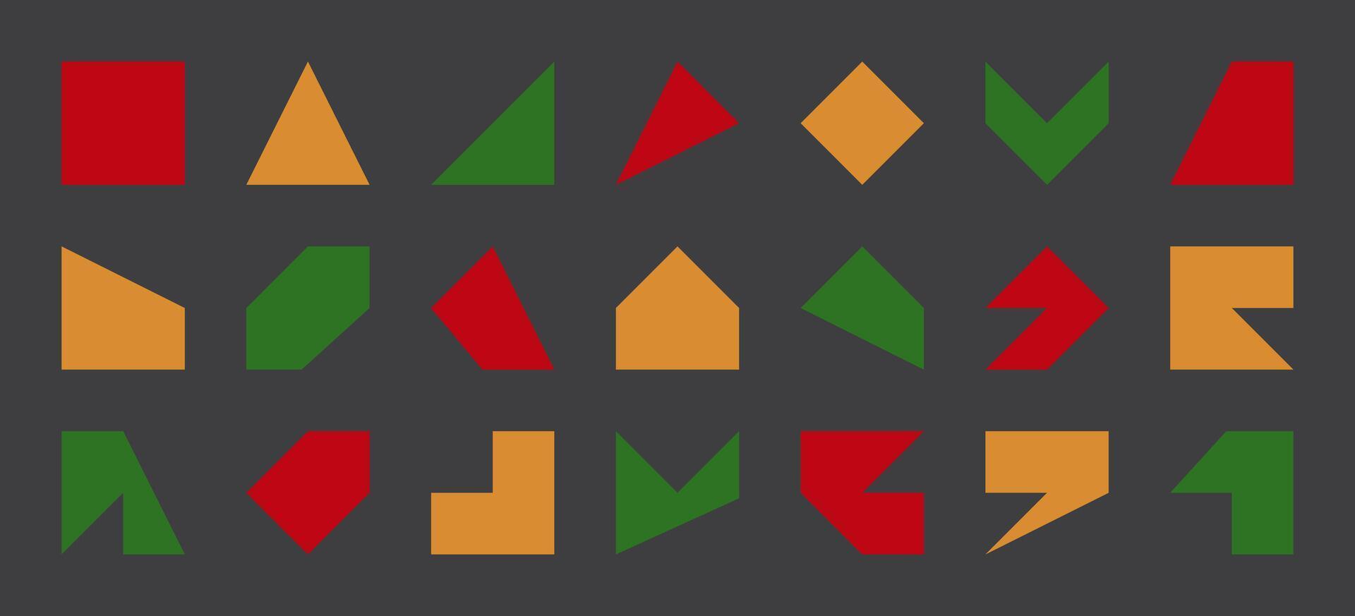 Collection of Abstract Simple Basic Shapes. Geometric Vector Red, yellow, Green. Minimalist Design Isolated on Black Background