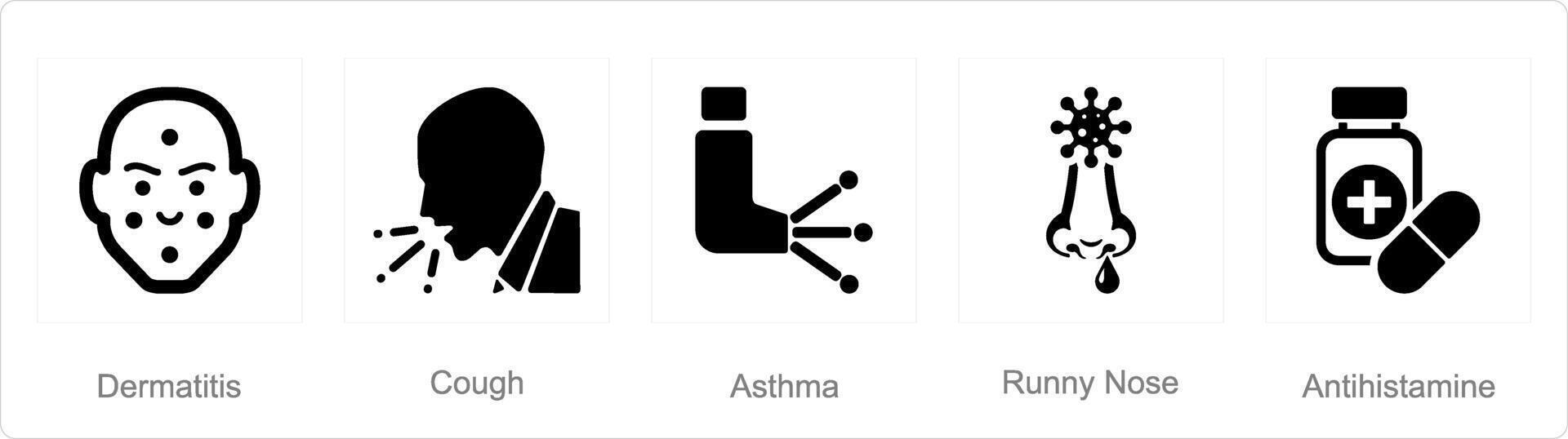 un conjunto de 5 5 alergia íconos como dermatitis, tos, asma vector