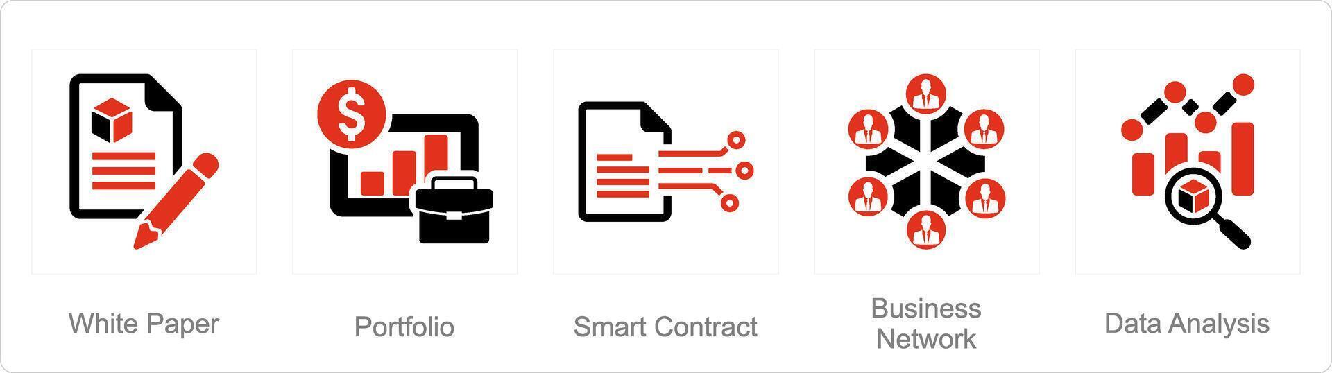 A set of 5 Blockchain icons as white paper, portfolio, smart contract vector