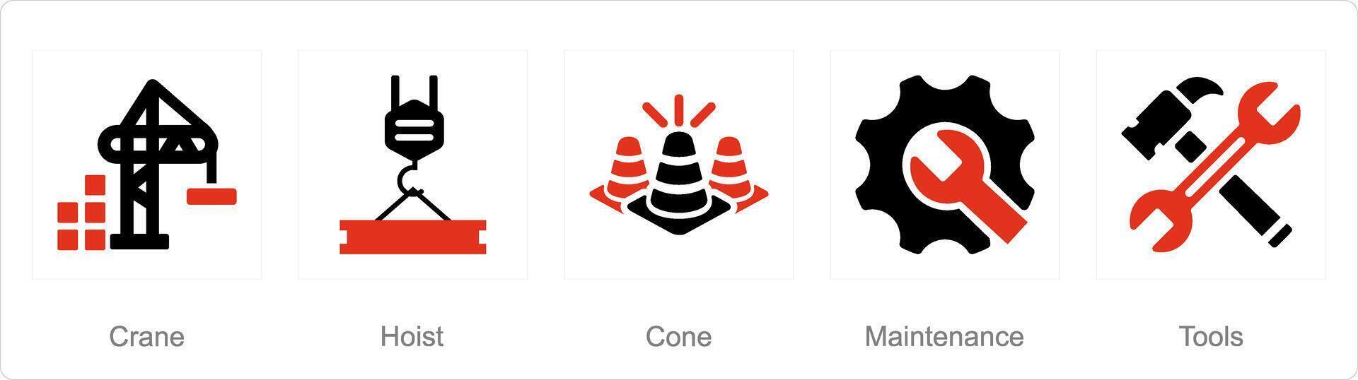 A set of 5 Build icons as crane, hoist, cone vector
