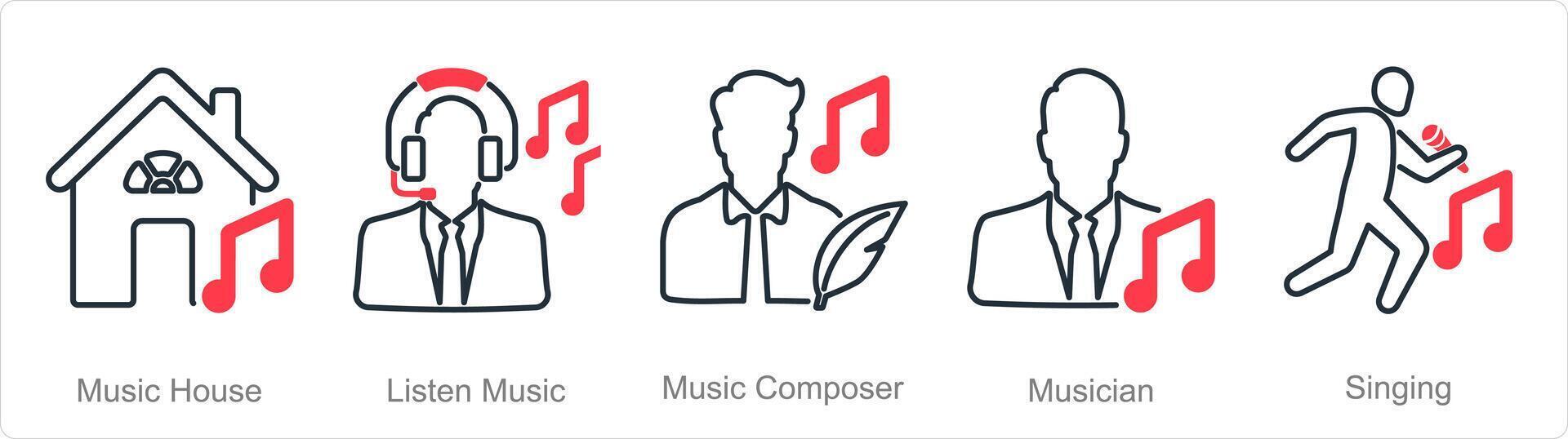 un conjunto de 5 5 música íconos como música casa, escucha música, música compositor vector