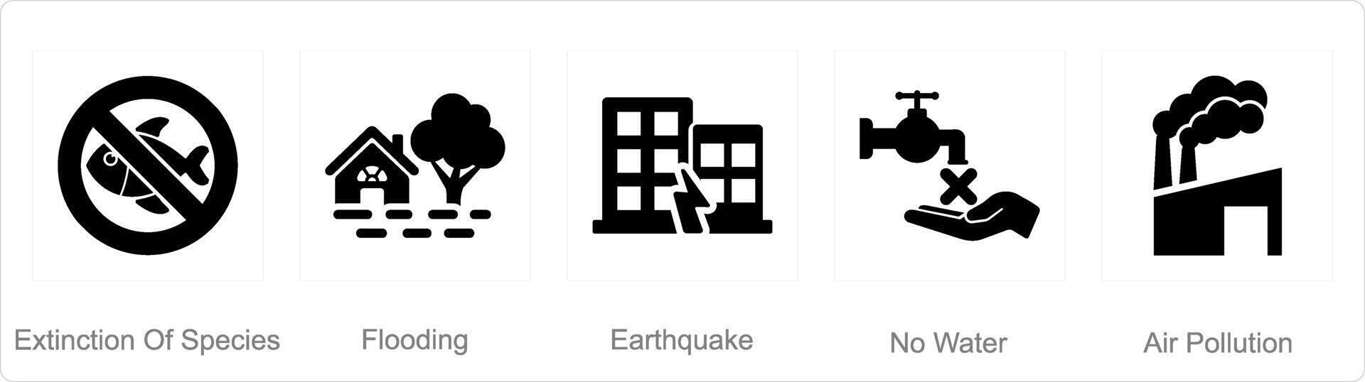 A set of 5 climate change icons as extinction of species, flooding, earthquake vector