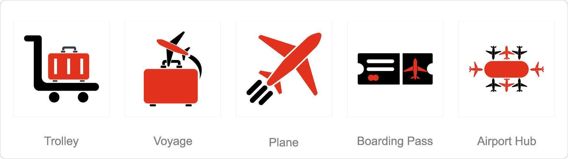 A set of 5 Airport icons as trolley, voyage, plane vector