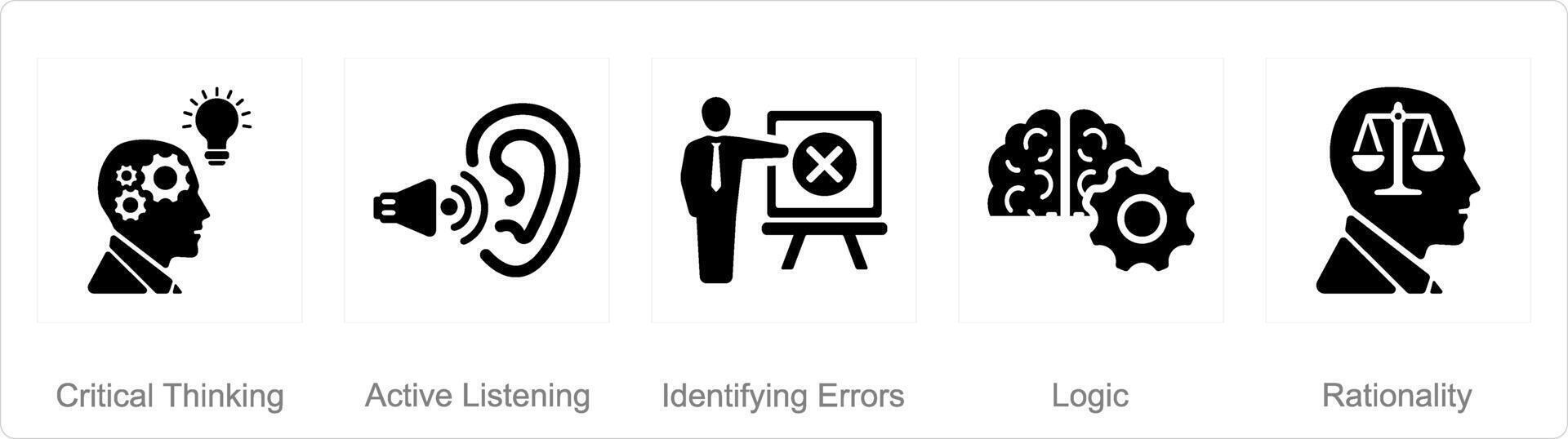 A set of 5 critical thinking icons as critical thinking, active listening, identifying errors vector