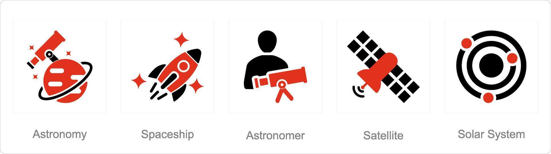 A set of 5 Astronomy icons as astronomy, spaceship, astronomer vector