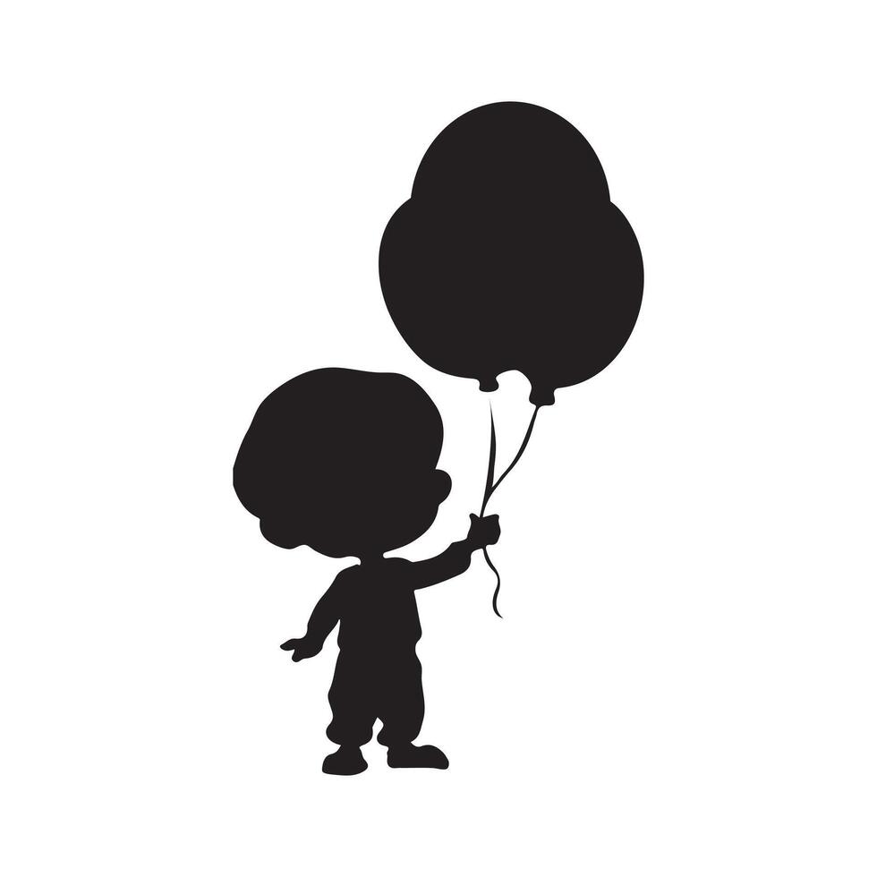 Black vector Silhouette of kid playing with balloon. Boy child holding balloons white background logo