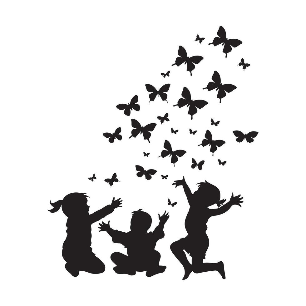 niños jugando con mariposa. negro vector silueta ilustración blanco antecedentes