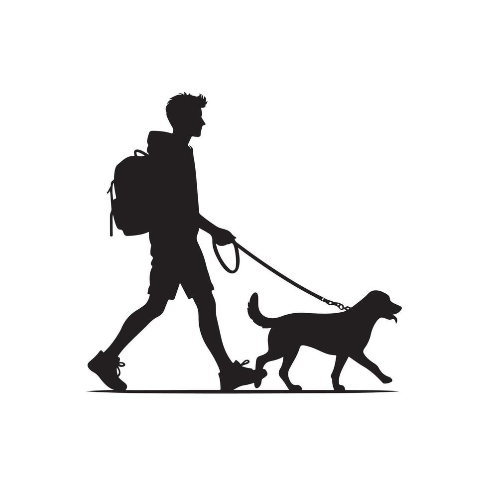 Dog owner walking pet in park with collar rope playing black vector silhouette illustration logo white background