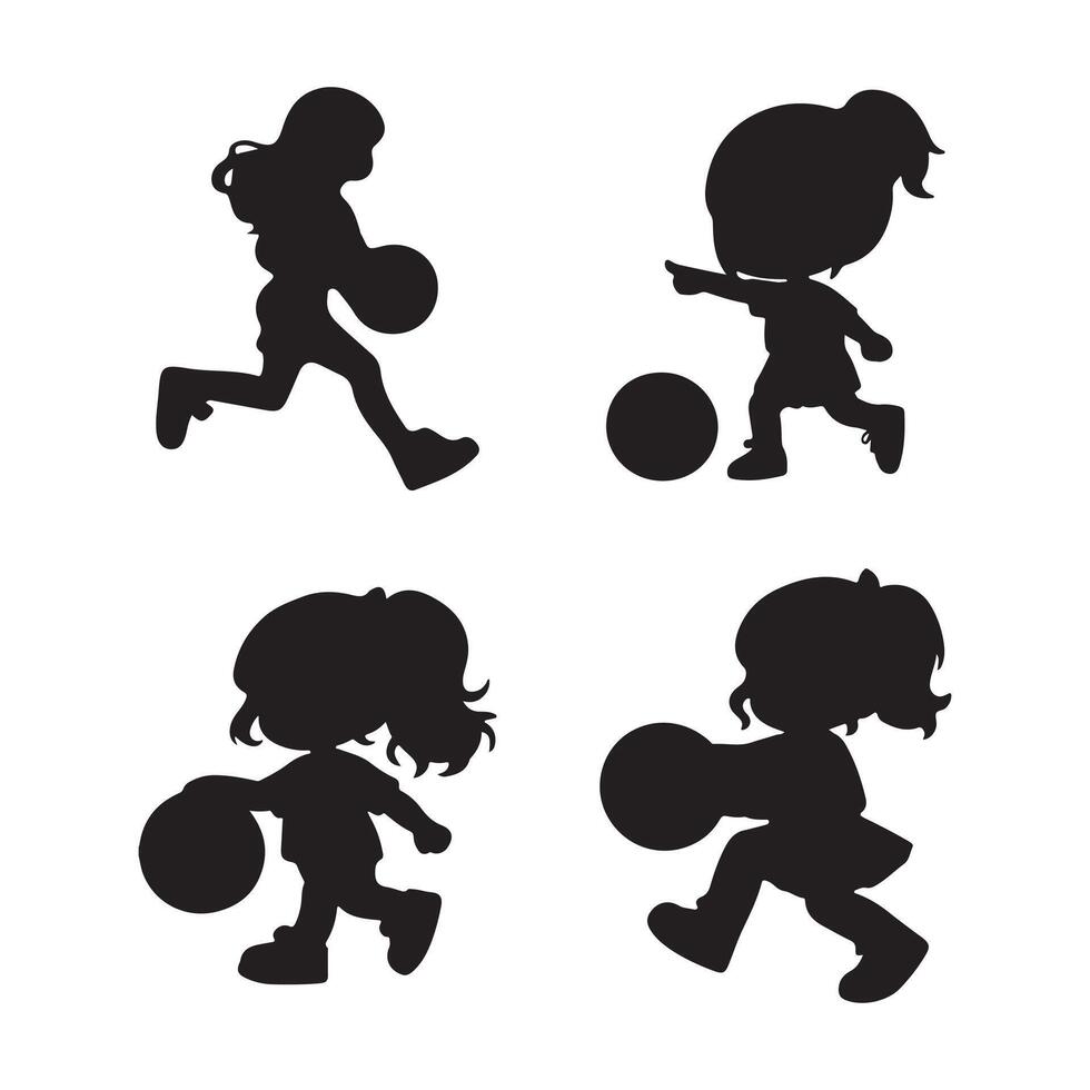 A vector silhouette of a set of girls playing soccer or football isolated on a white background
