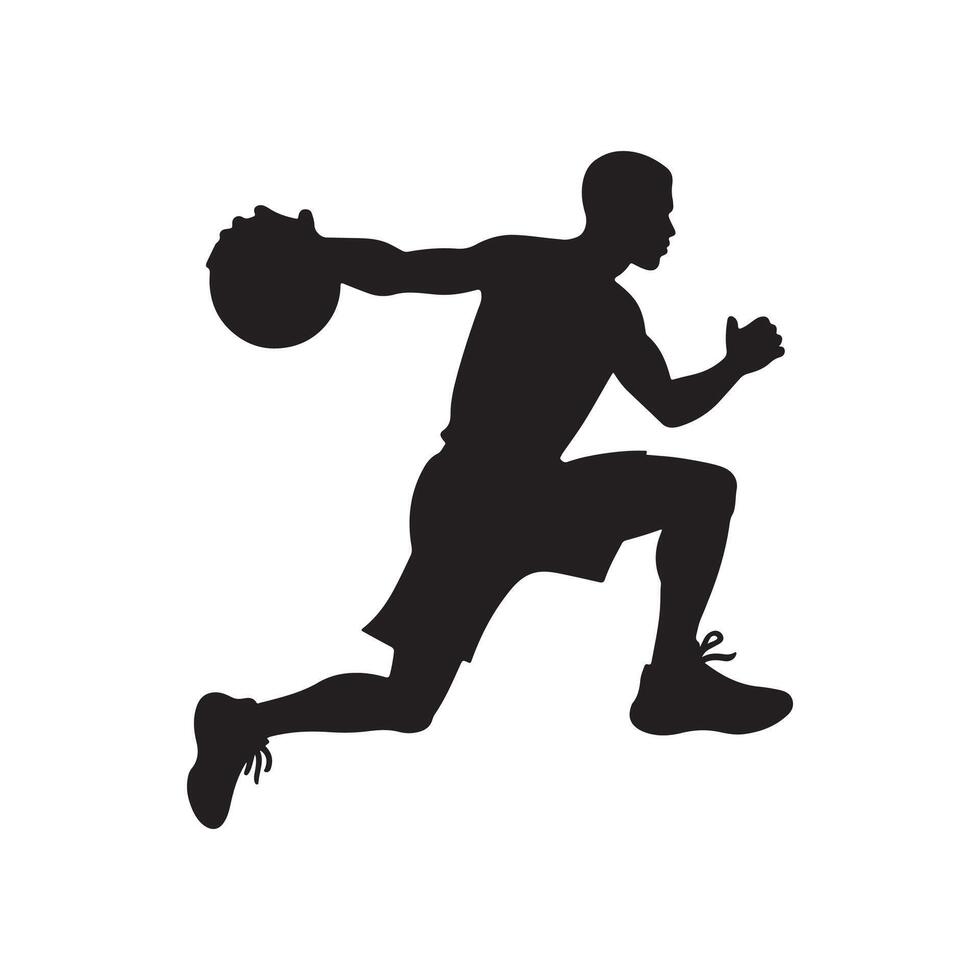 A vector silhouette of a basketball player playing basketball isolated on a white background