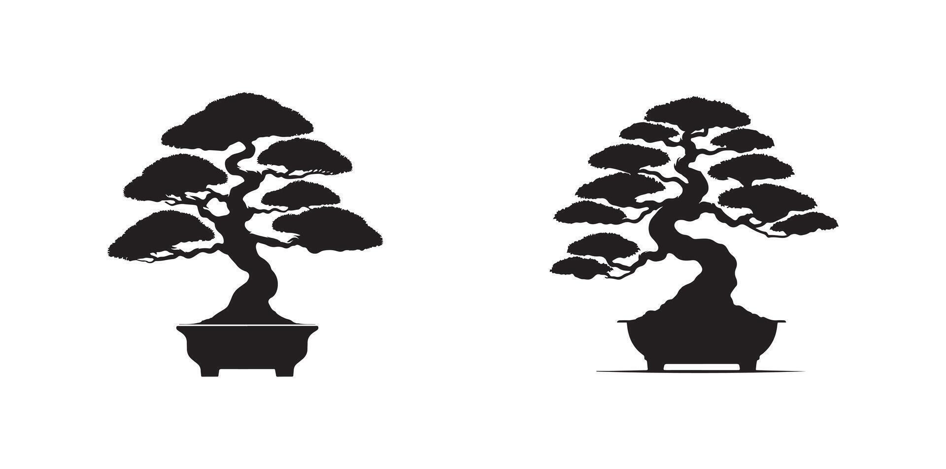 A vector silhouette set of Japanese bonsai trees isolated on a white background