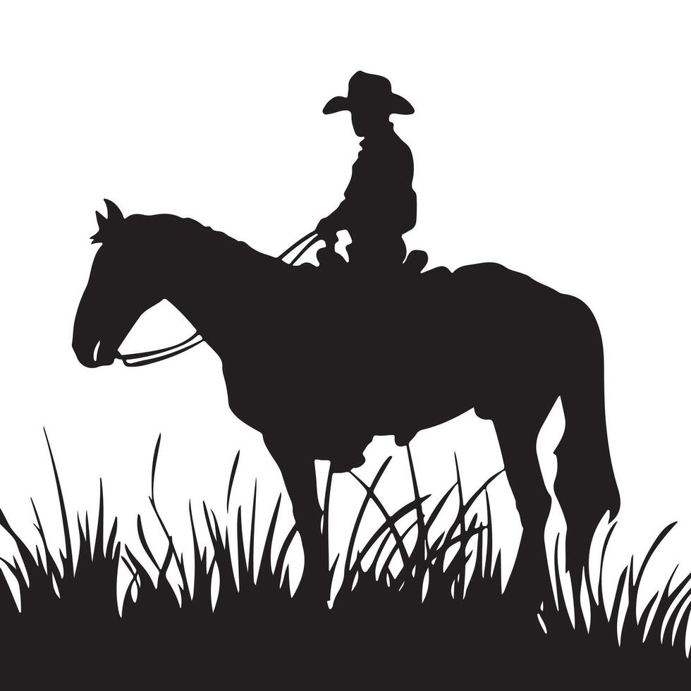 Cowboy on horse sitting holding lariat black vector silhouette illustration, grass, white background