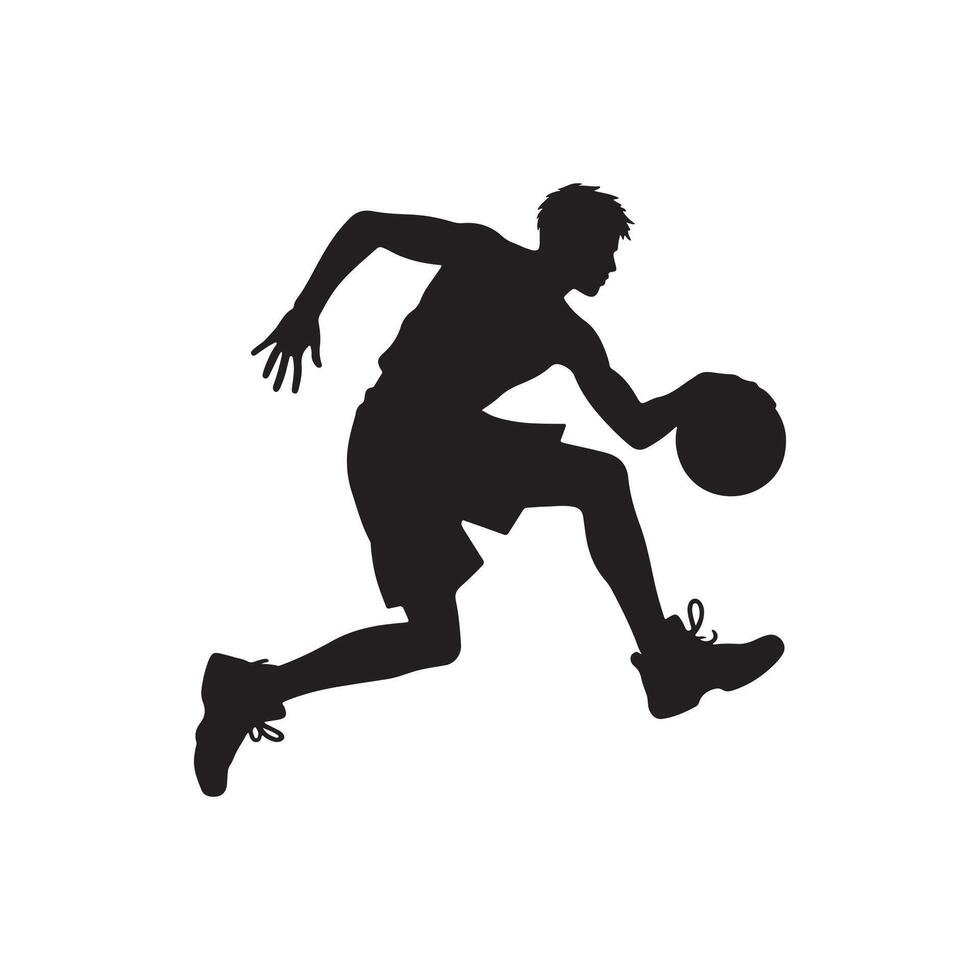 un vector silueta de un baloncesto jugador jugando baloncesto aislado en un blanco antecedentes