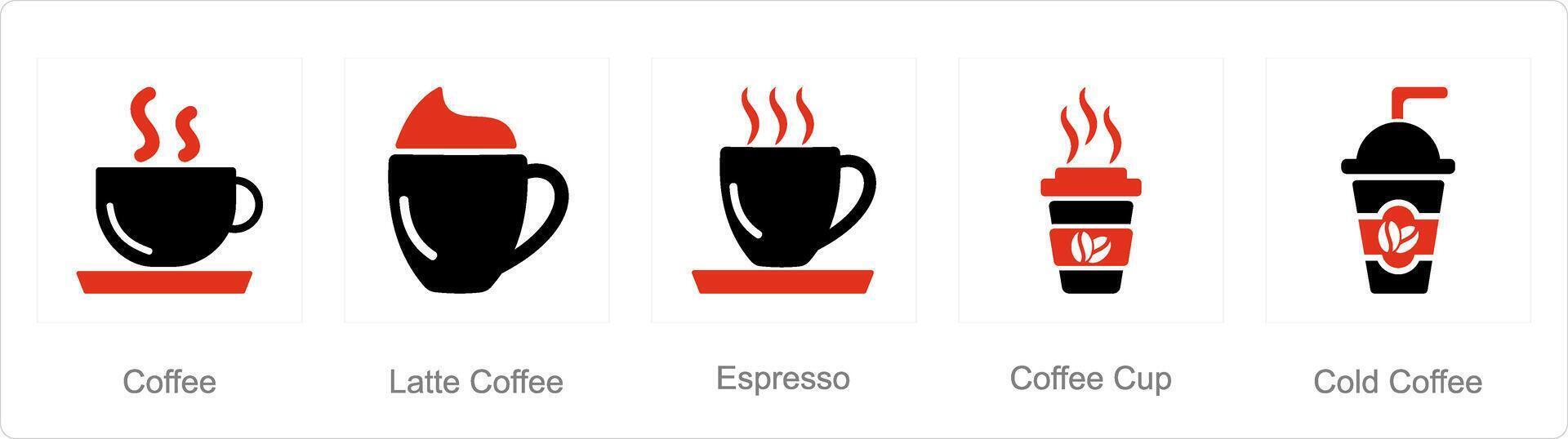 A set of 5 Coffee icons as coffee, latte coffee, espresso vector