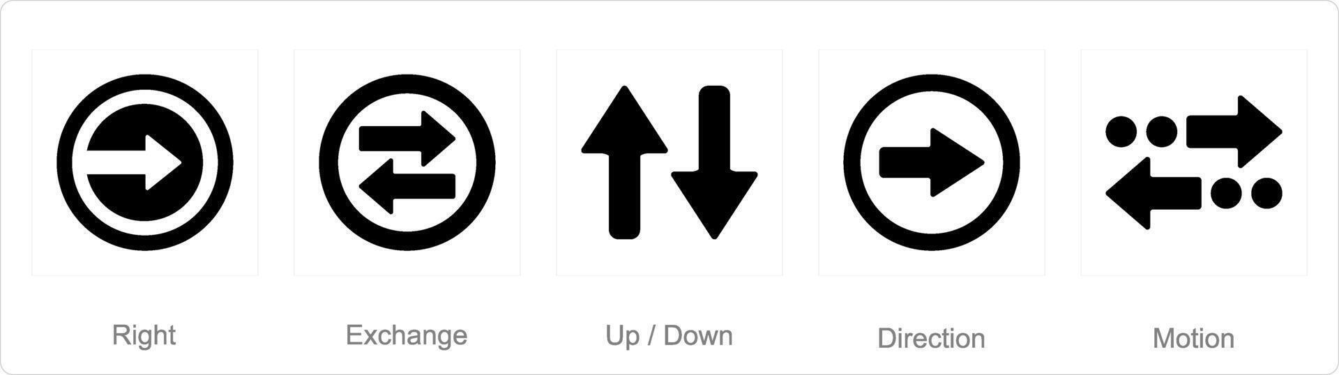 A set of 5 arrows icons as right, exchange, up down vector