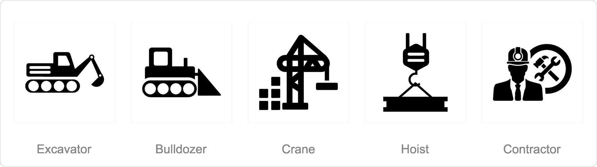 A set of 5 Build icons as excavator, bulldozer, crane vector