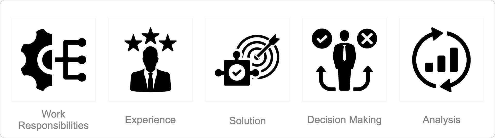 A set of 5 critical thinking icons as work responsibilities, experience, solution vector