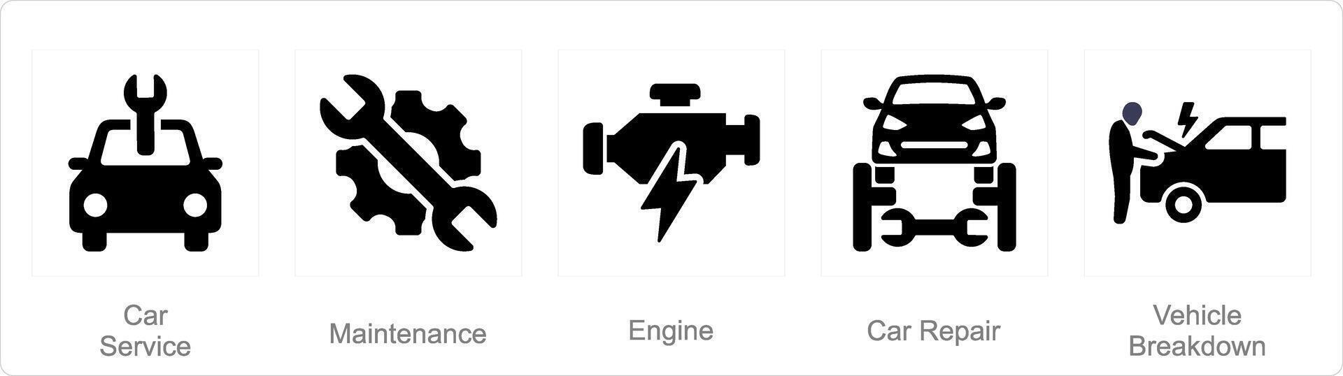 A set of 5 Car icons as car service, maintenance, engine vector