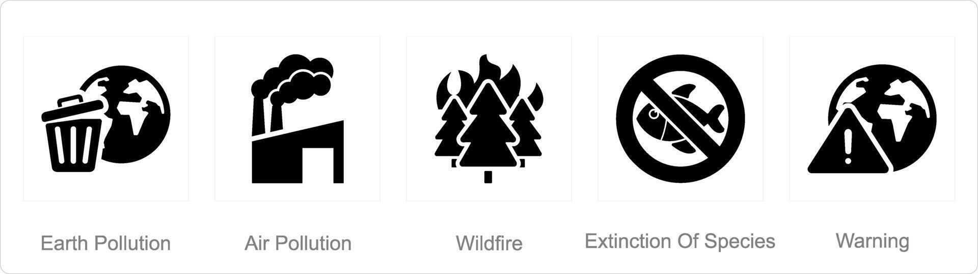 A set of 5 climate change icons as earth pollution, wildfire, extinction of species vector