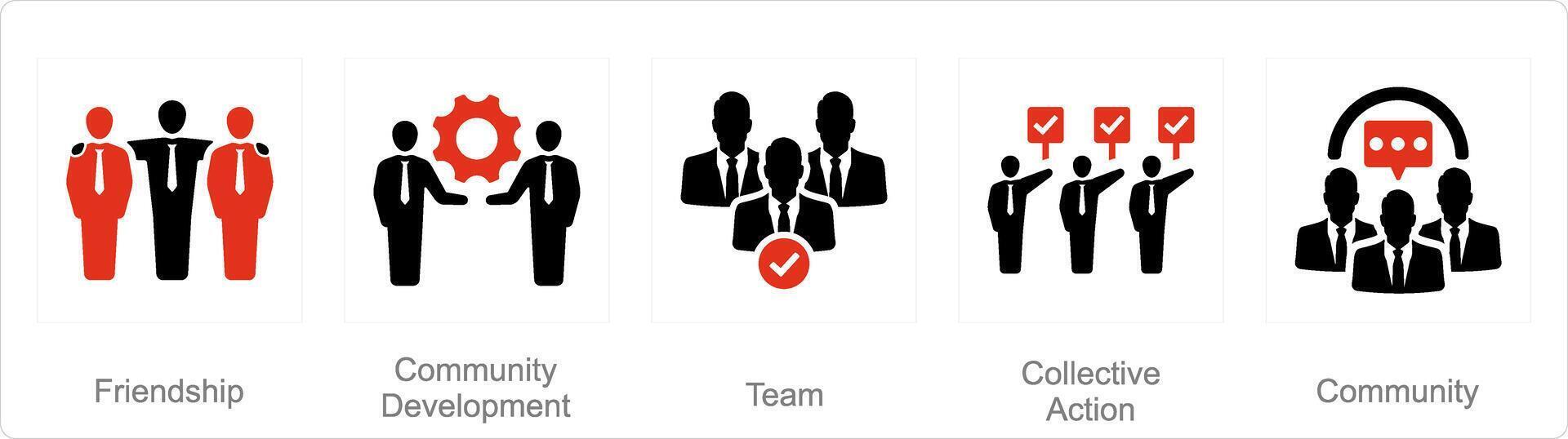 A set of 5 Community icons as friendship, community development, team vector