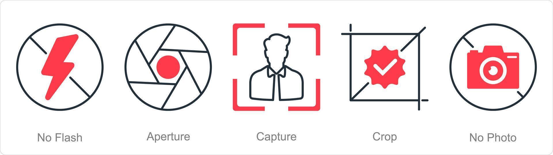 A set of 5 Photography icons as no flash, aperture, capture vector